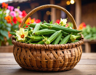 Obraz premium A woven Sudanese doum palm basket filled with fresh okra and hibiscus flowers placed in a rustic market setting.