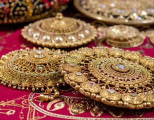 A close-up of intricate Sudanese traditional embroidery, showcasing delicate gold threadwork on a vibrant "tobe" fabric.