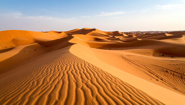 The vast, golden sands of the Nubian Desert, with abstract wind-blown patterns stretching towards a clear horizon.