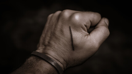 Fototapeta premium Hand with a long linear mark on the skin, symbolizing a moment of reflection