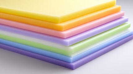 Stack of colorful foam sheets.  Stacked rectangular foam pieces in a spectrum of pastel colors, from yellow to purple, are displayed against a bright, neutral background.  The foam is smooth
