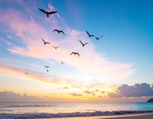 Obraz premium Birds soar over a colorful sunrise ocean