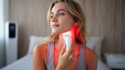 Red light therapy device for neck, woman using beauty gadget, at-home LED treatment, skincare technology, modern wellness routine, anti-aging tool, self-care moment