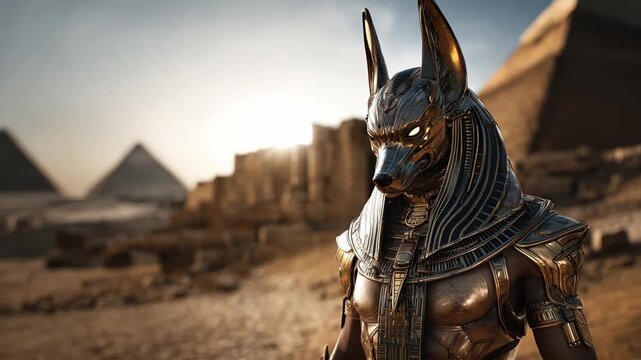 Anubis Guardian Stands Before the Pyramids at Dusk, Framed by Nature