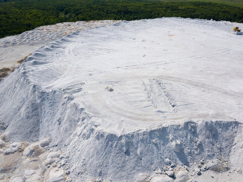 Aerial view of White Mountain near Russian town of Voskresensk - slagheap entirely composed of phosphogypsum mining wastes