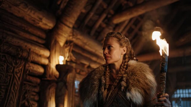A Viking woman with a torch stands in a cabin, embodying adventure