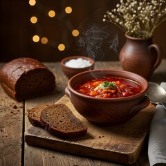 Warm steaming borscht with rye bread and dill