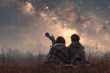 Couple stargazing with a telescope under the beautiful night sky