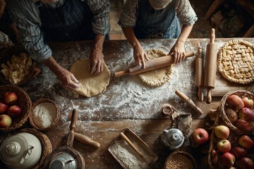 Family baking pies together in rustic kitchen, hands covered in flour.