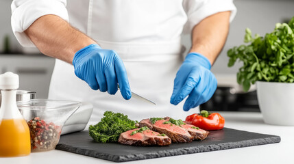 Chef perfecting culinary art: plating grilled steak for gourmet presentation
