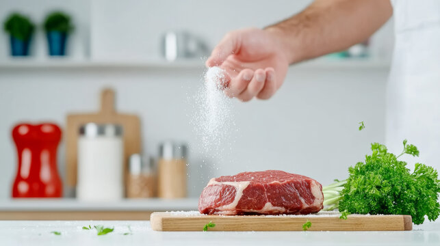 Premium marbled steak with artistic salt seasoning for culinary design and recipe inspiration