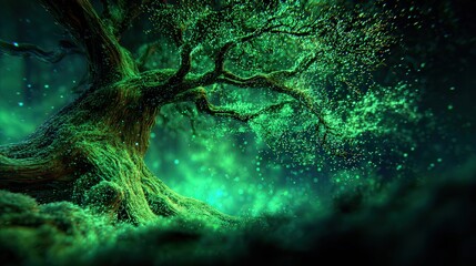 Obraz premium Abstract Glowing Green Particle Tree on Dark Background