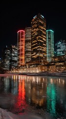 Fototapeta premium Illuminated skyscrapers reflected in a frozen river at night