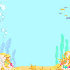 Template with treasure on the seabed. Copy space. Cartoon vector illustration for children's book, notebook, invitation.