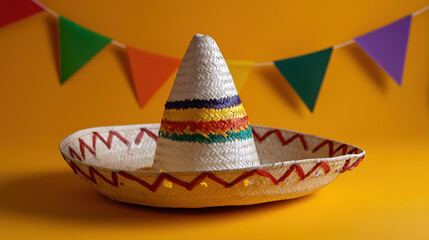 Colorful sombrero and plate against vibrant backdrop with festive decorations