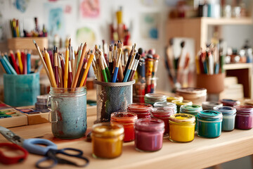 Organized art supplies on a desk showcasing pencils, jars, and scissors