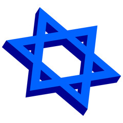 Blue Star of David icon, symbol of Judaism. 3D vector illustration isolated on white.