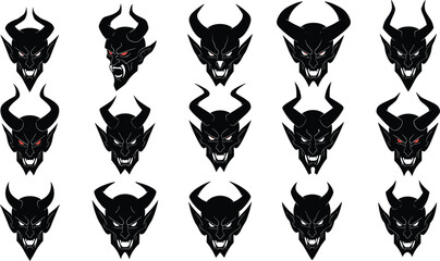 A set of 15 unique, black, sharp, and detailed devil head illustrations with glowing red eyes and horns in a vector graphic style, perfect for Halloween, metal, gothic, or tattoo designs.