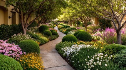 Fototapeta premium Serene Garden Pathway Surrounded by Vibrant Flowers and Lush Greenery in a Peaceful Outdoor Setting