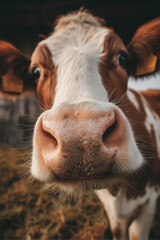 A close-up of a cow's large, wet nose twitching as it sniffs fresh grass, depicting sensory engagement.