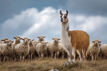 Fototapeta premium A llama standing guard over a flock of sheep, its alert stance conveying protection and vigilance in the pasture.