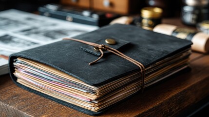 Vintage Leather Notebook with Papers and Documents on Wooden Table in Cozy Workspace