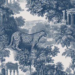 Seamless vector pattern with tropical forest and leopard and ancient ruins. Vintage engraving style illustration. © Anna