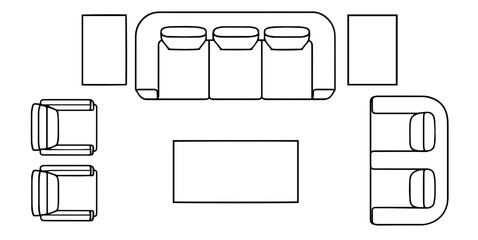 Different upholstered furniture set. Outline icons. Simple plan seat collection, sofa couch, chair, armchair, for design interior and architectural project