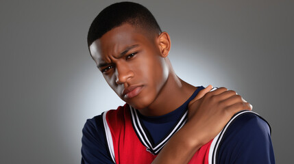 Young athlete in sports jersey poses confidently with a serious expression indoors