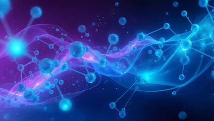 Obraz premium A futuristic and artistic molecular background, with glowing nodes and bonds, set in a vibrant gradient of electric blue, neon purple, and soft cyan