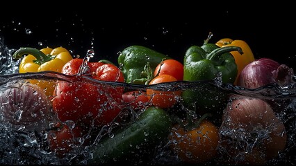A bunch of fresh vegetables including red, green, and yellow bell peppers, cherry tomatoes, cucumber, and red onion, splashing into water with bubbles and droplets