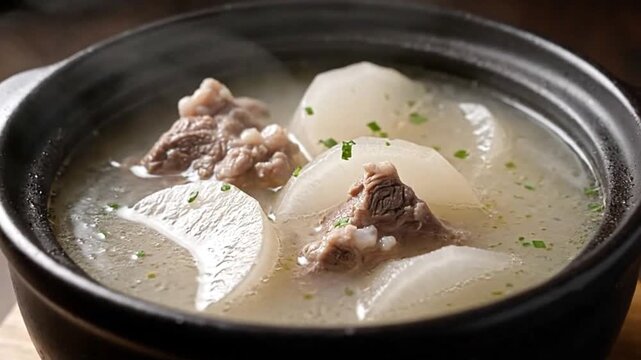 A black pot filled with soup featuring sliced white turnips and chunks of meat Steam rises slightly