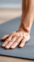 Yoga stretching rituals at home: close-up of hand on mat for mindful practice