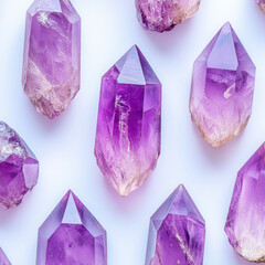 Amethyst crystals arranged on light background, showcasing their vibrant purple hues and natural geometric shapes. image highlights beauty and clarity of these gemstones