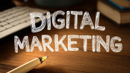 Hand drawn 'Digital Marketing' text on wooden desk with keyboard and pen