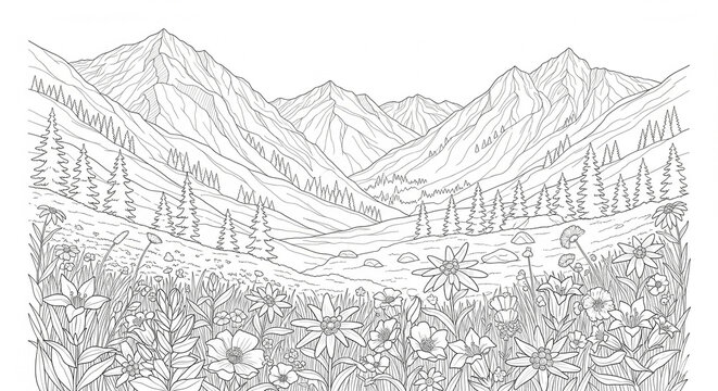 Aquarell Vorlage Alpenlandschaft mit Blumenwiese