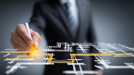Businessman drawing orange lines on a digital schematic with a stylus strategy