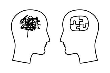 Two human head silhouettes with tangled lines and puzzle pieces inside, hand drawn style, black and white vector, useful for mental health, psychology, communication concepts