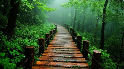 Obraz premium Wooden path through a lush green forest with dense foliage and misty air.