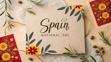Spain National Day celebration with traditional floral design and olive branches