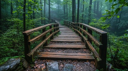 Wooden bridge path through a lush green forest with mist.
