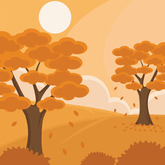 serene autumn landscaped vector illustration graphic design . Fall Season Orange Trees Falling Leaves Sunny Scenery for Season concept with cartoon style