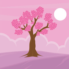 Cherry Blossom Tree landscaped vector illustration graphic design . Sakura in Bloom Pink Flowers Represents Japanese culture for Spring Season with cartoon style