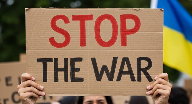 Protester Holding 'Stop The War' Sign with Ukrainian Flag