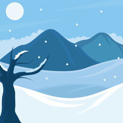 serene winter landscaped vector illustration graphic design . Snowy Scene Mountains and Hills Leafless Tree Snowflakes Falling for Season concept with cartoon style