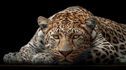 Obraz premium Leopard with striking eyes resting on paws, dark background highlighting spotted coat