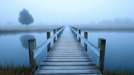 Naklejka premium A wooden bridge stretches over water leading into a foggy landscape.