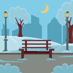 winter evening in a park landscaped vector illustration graphic design . Snowy Bench Street Lamps Moonlit Scene Urban Park for Season concept with cartoon style