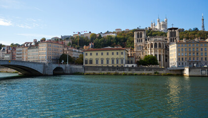 Fototapeta premium Image of cityscape of Lyon, town in France at riverside Saone at sunny day