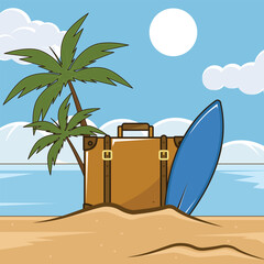 Beach Vacation landscaped vector illustration graphic design . Suitcase and Surfboard Palm Trees Sandy Beach Ocean View for summer holiday concept with cartoon style